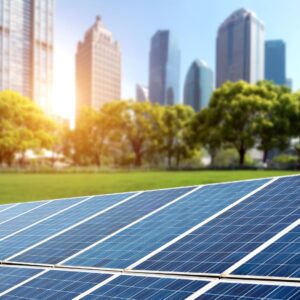 Solar panels with a cityscape in the background