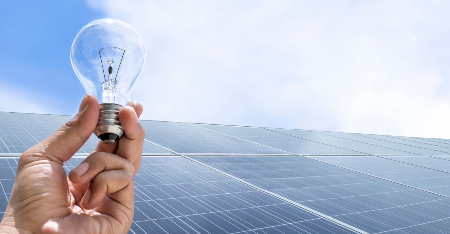 a person holding a lightbulb in front of solar panels