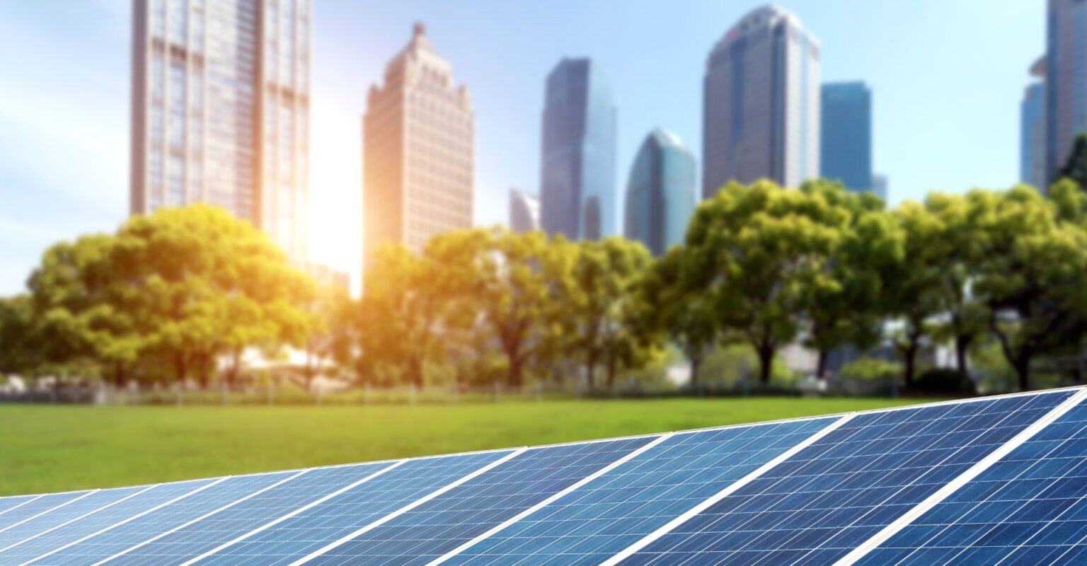 solar panels in a green field with a city in the background