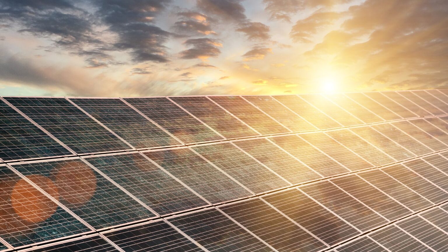 Sun glaring off a large sheet of solar panels