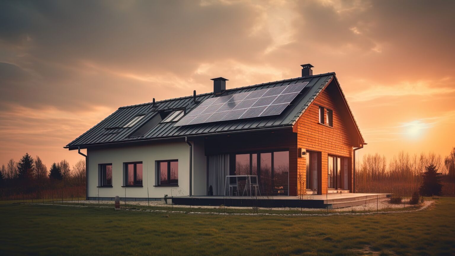 A lovely home with solar panels and a sunset backdrop
