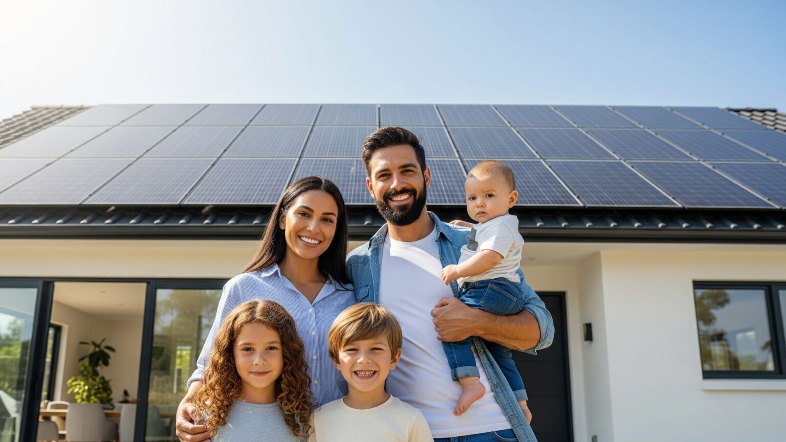 family in front of house with solar panels
