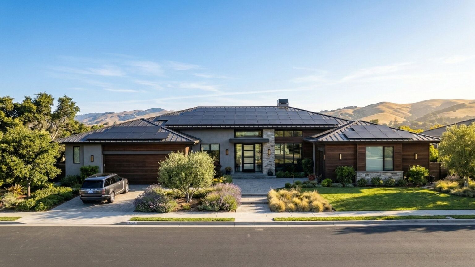 Financial documents and a calculator on a table in front of a Brentwood home with solar panels.