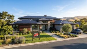 A luxury home in Brentwood, California with solar panels and a sold sign in the front yard.