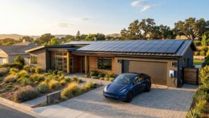 Modern Brentwood home with rooftop solar panels and an electric vehicle charging in the driveway.