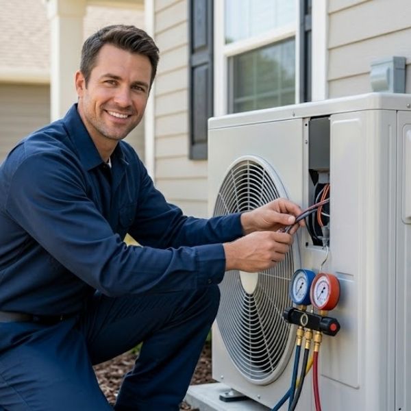 technician installing heat pump ac unit