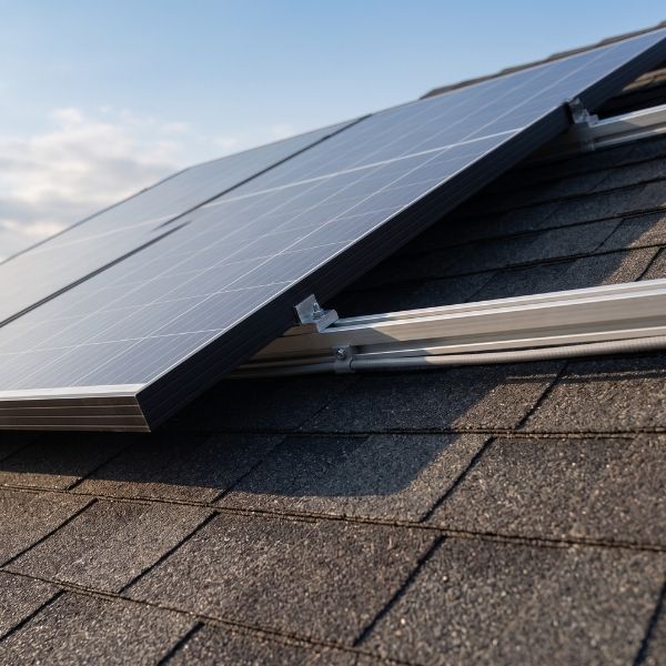Close-up view of high-efficiency rooftop solar panel installation on asphalt shingles.