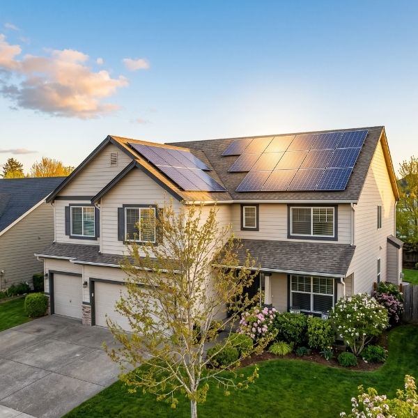Exterior shot of a suburban house featuring clean residential solar power panels.