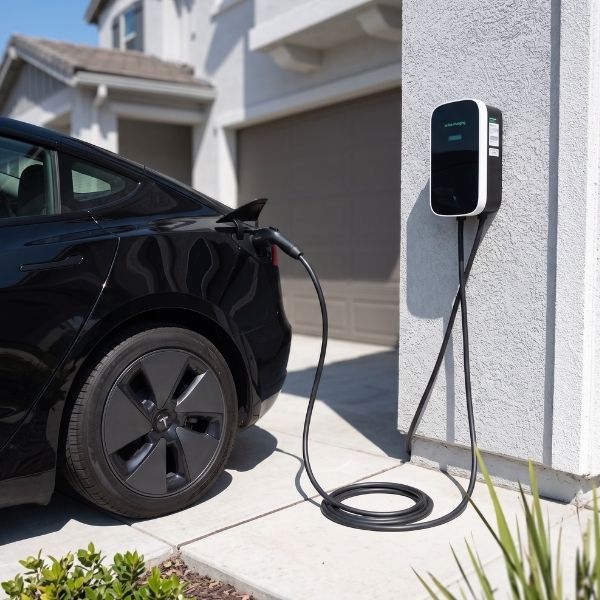 Electric vehicle charging at a residential home EV charging station in driveway.