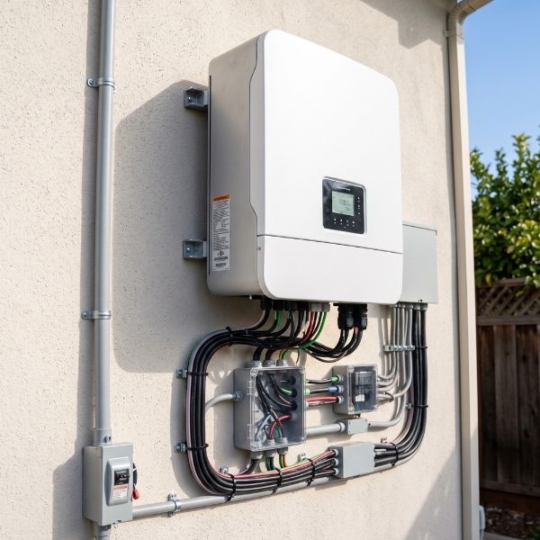 Professionally installed solar inverter equipment mounted cleanly on a home exterior wall.