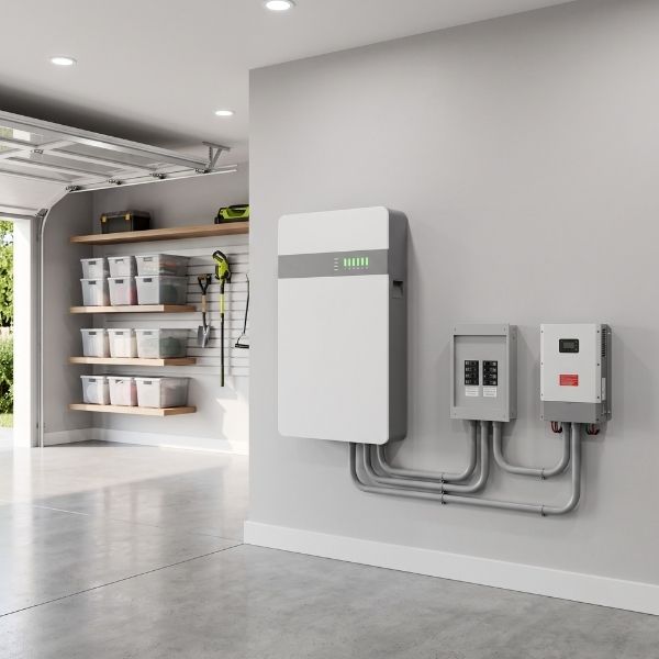 Modern wall-mounted home battery storage system installed in a residential space for backup power.