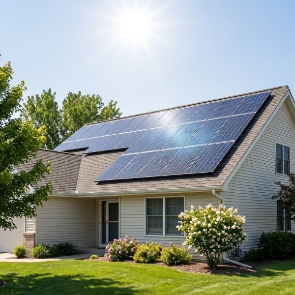 Completed residential solar installation capturing daylight on a suburban rooftop.