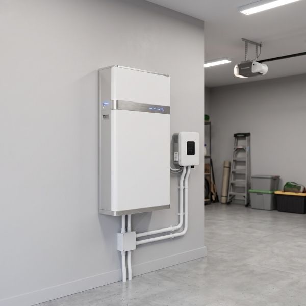 Modern residential home battery backup storage unit installed inside a garage.