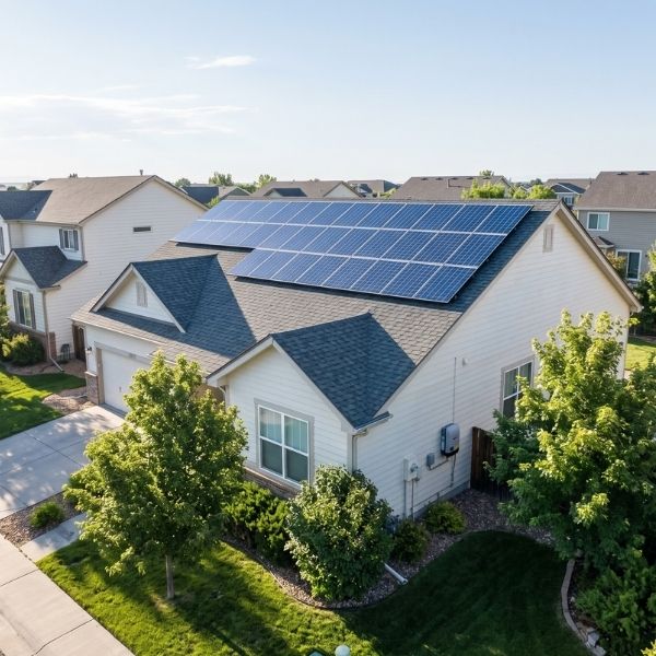 Suburban residential property with a fully integrated rooftop solar panel system in sunlight.