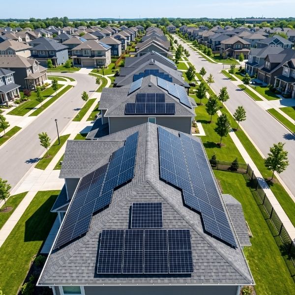 Aerial perspective of custom rooftop home solar panels on a modern residence.