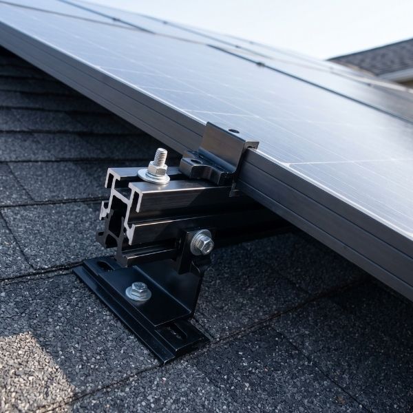 High-durability mounting hardware securing custom rooftop solar panels on a Northern California home.