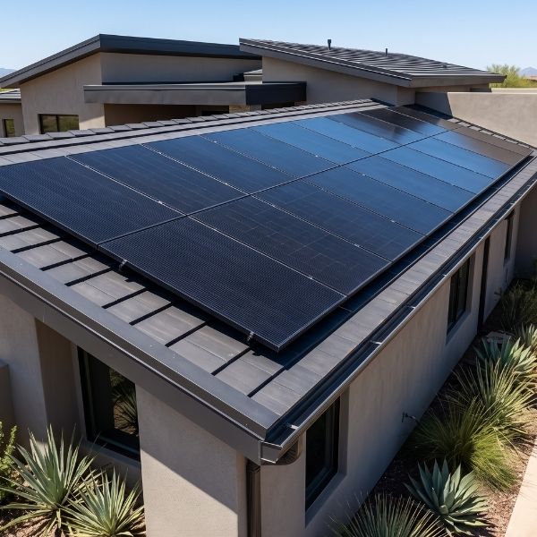 High-performance home solar array neatly mounted on a pristine dark tile roof.