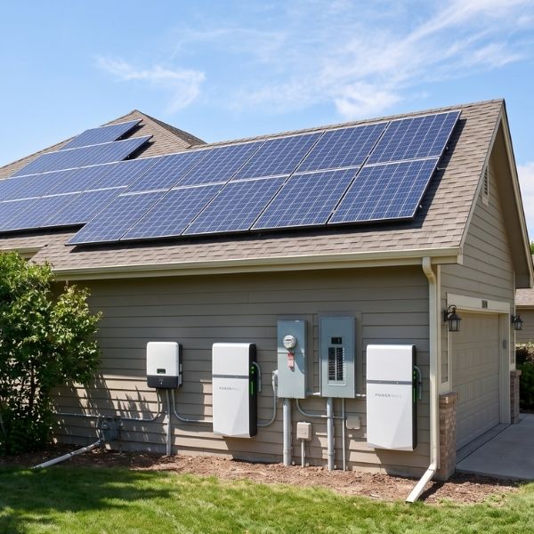 Complete home solar power setup with battery storage operating on a bright sunny afternoon.