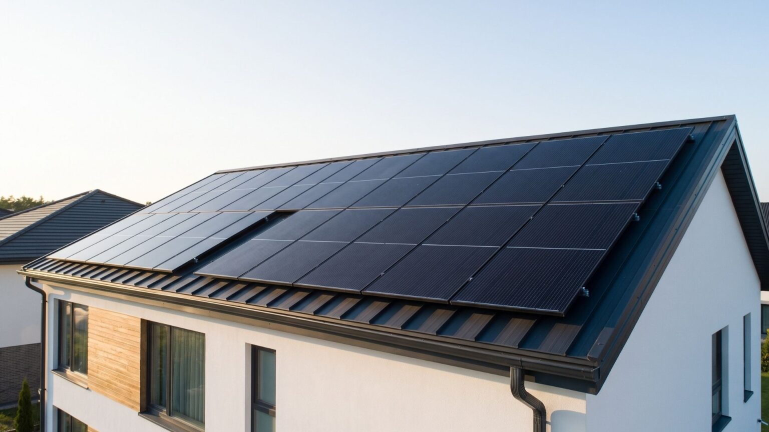 Finished home solar panels installed on a residential rooftop under clear blue sky.