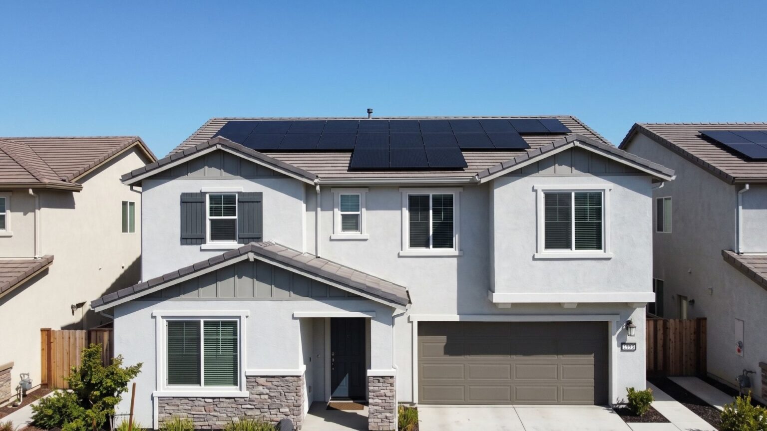 Modern suburban home with sleek black rooftop solar panels under a clear blue sky.