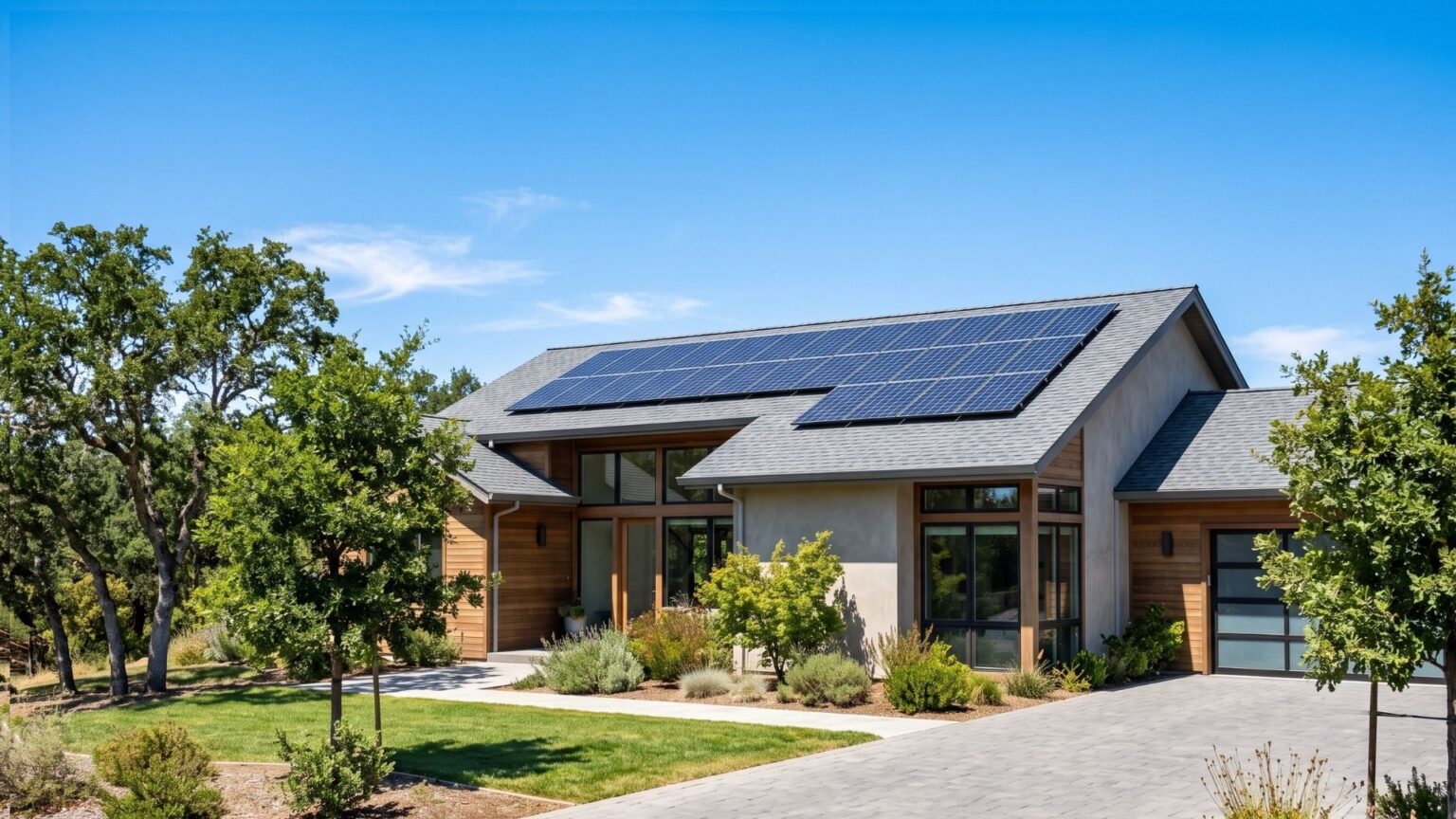 A modern residential home in Northern California featuring a freshly completed, sleek roof-mounted solar panel array under a bright clear sky.